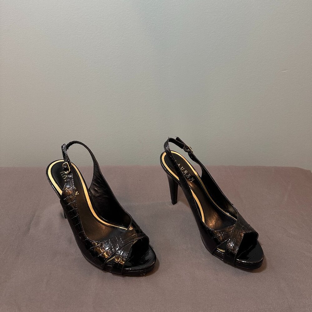 Ralph Lauren Ladies Peep Toe Black Patent High Heel Shoe